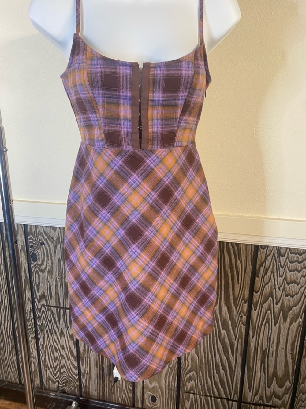 Urban Outfitters Plaid Spaghetti-Strap Mini Dress in Purple and Brown